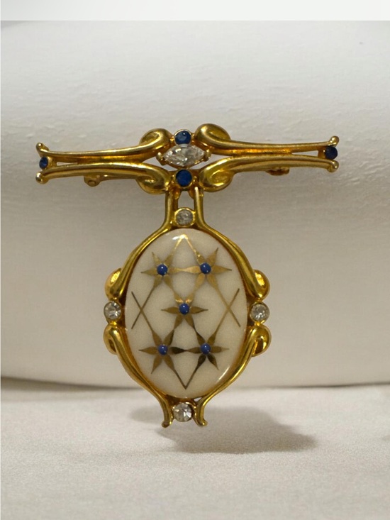 Lenox Jewelry - Lenox Gold-Tone White Enamel Brooch with Blue and Clear Accents